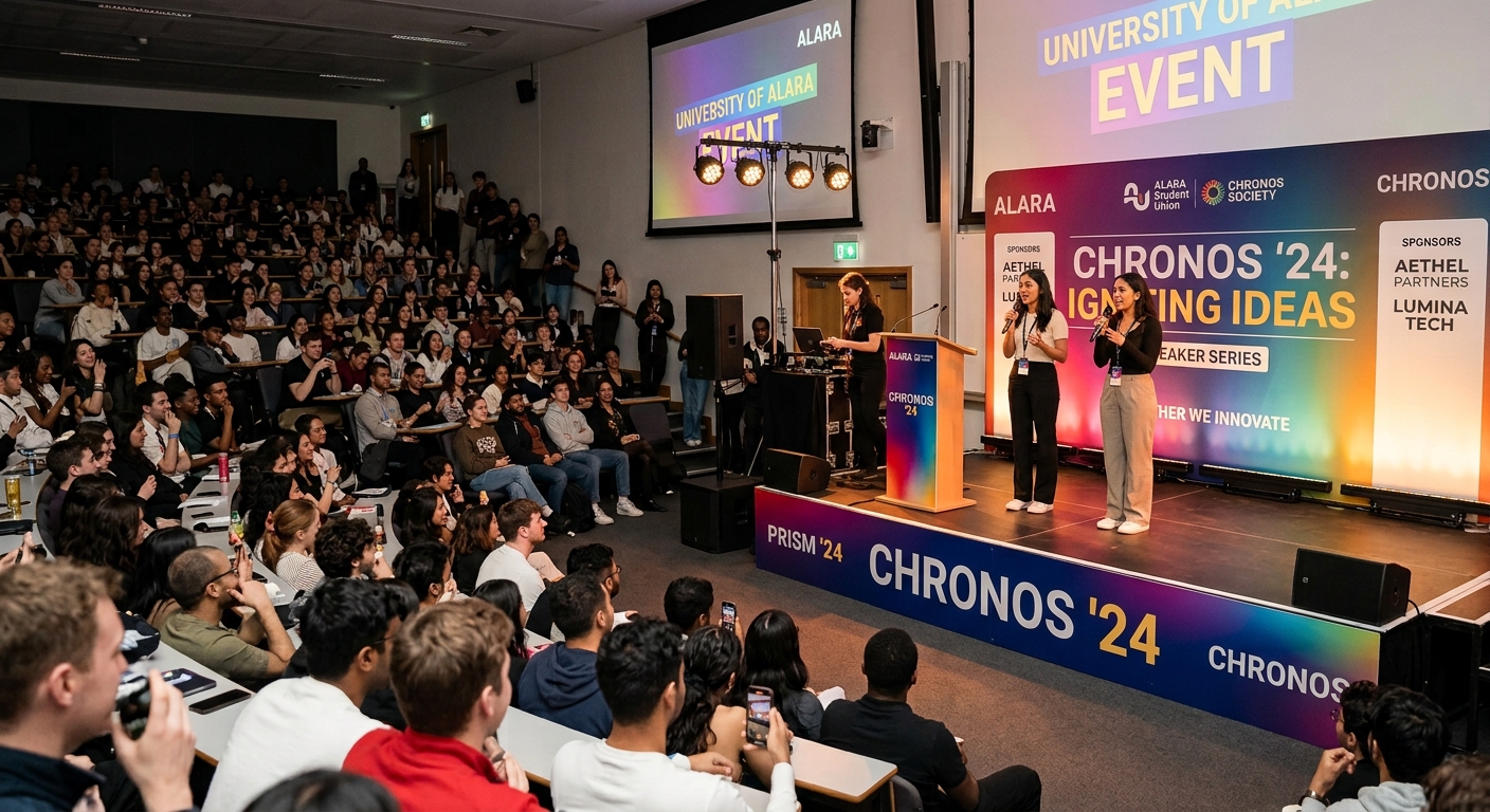 University society event stage with audience and branding